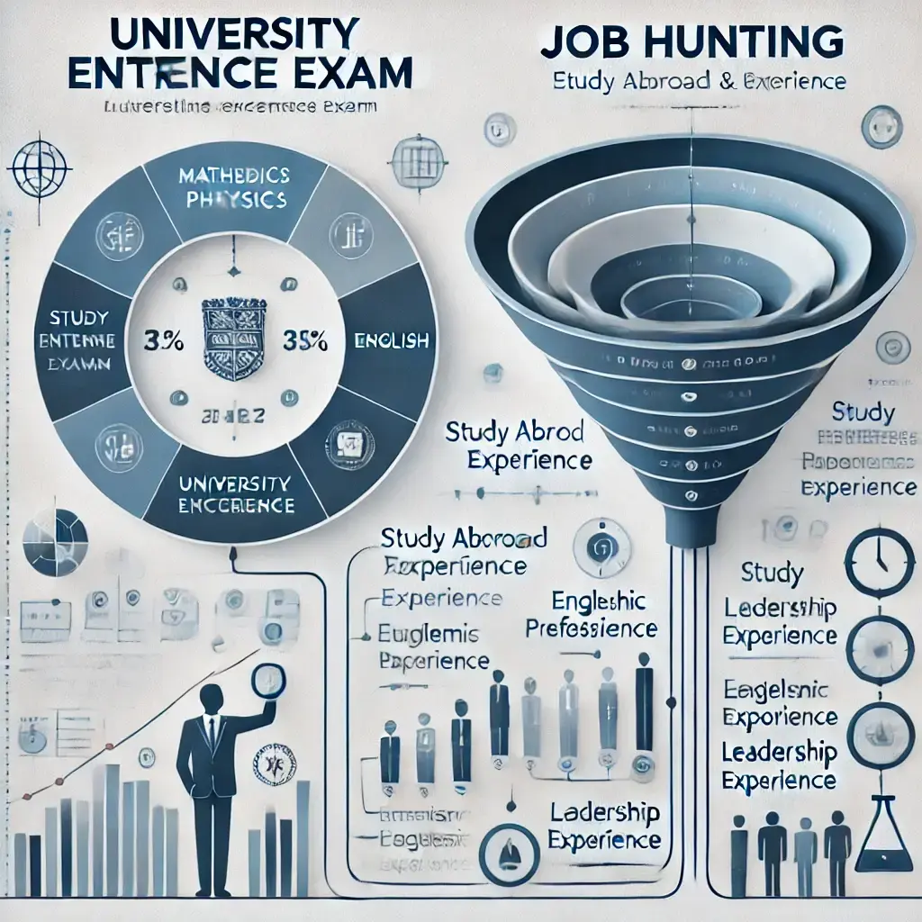 DALL_E_2025-03-16_13.42.06_-_A_conceptual_illustration_comparing_university_entrance_exams_and_job_hunting_with_a_clean_and_professional_design__featuring_a_pure_white_background_.webp